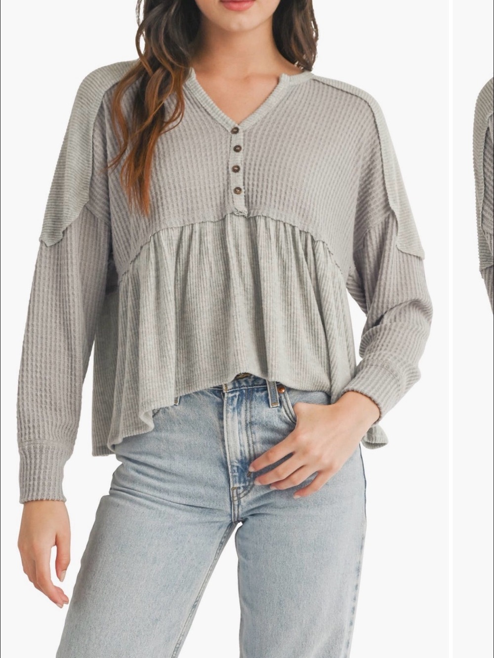 NEW Free People Light Gray Waffle-Knit Peplum Henley Sweatshirt S